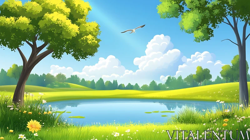 Landscape illustration shows pond, trees, grass, and clouds