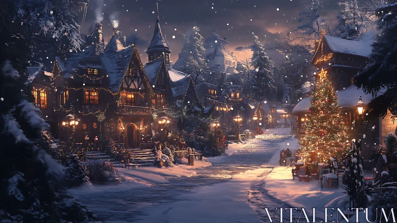 Snowy Christmas village street glows with warm festive lights.