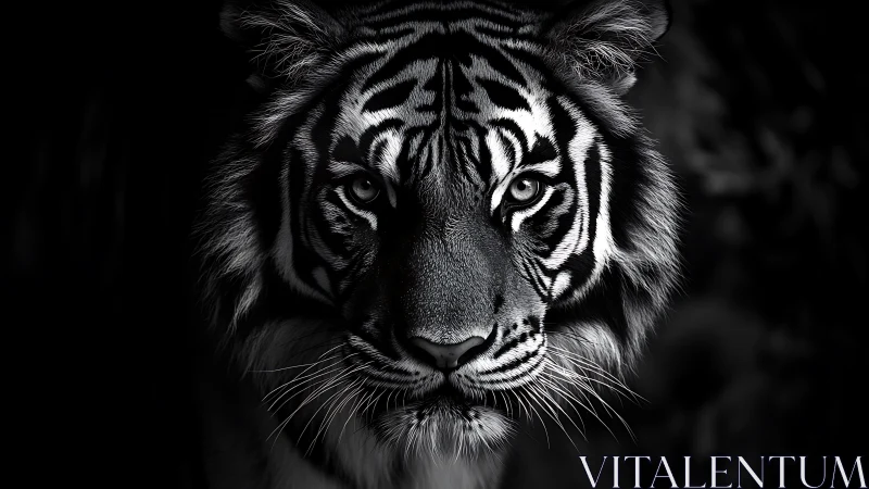 Monochrome tiger portrait captures intense forward gaze