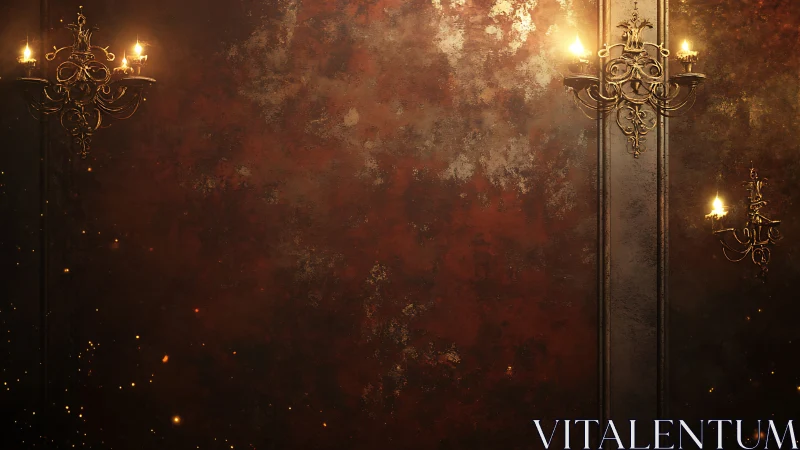 Wall-mounted metal sconces illuminate a textured aged surface