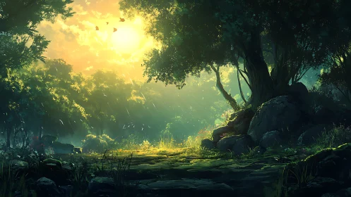 Sunlit Forest Glen with Ancient Trees and Golden Light.