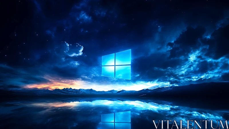 Windows logo over reflective water under night sky.