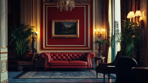 Scarlet sofa quietly holds court in a gilded salon
