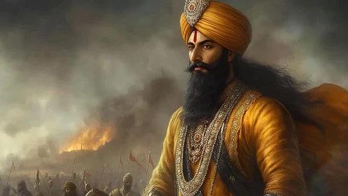 Warrior leader in golden attire stands before burning battlefield