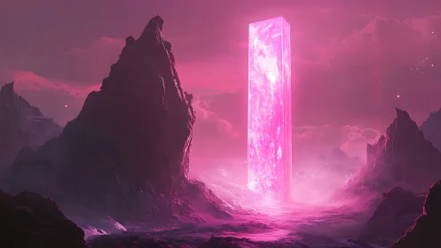 Luminous pink monolith rises over alien mountain valley.