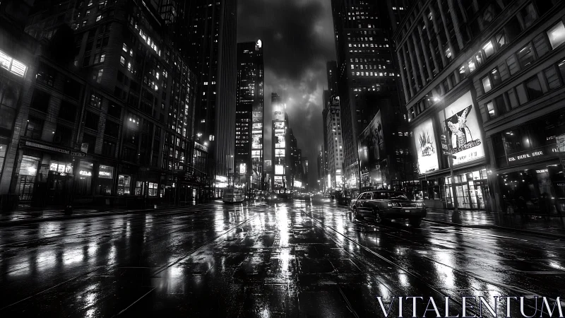 Noir city street under rain with reflective wet asphalt.