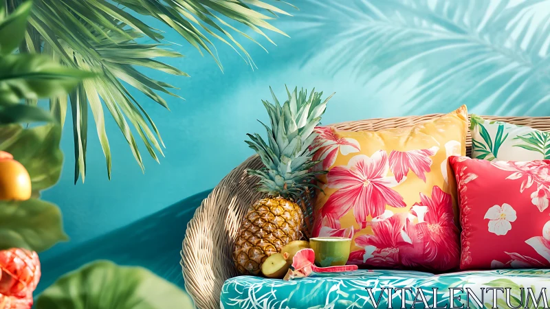 Wicker seating with pineapples and floral printed cushions