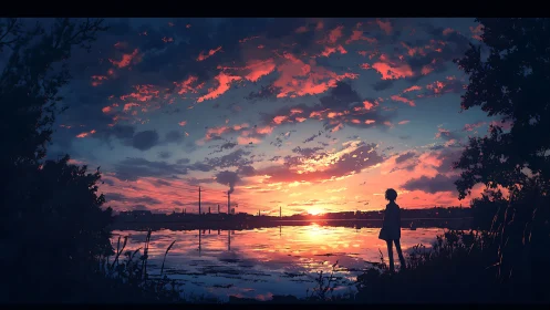 Solitary silhouette beside neon-tinted industrial sunset lake.