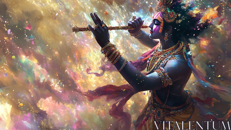 Cosmic flutist threads starlight through swirling color storm