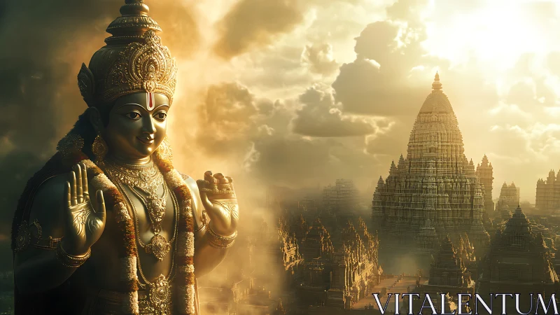 Golden deity watching over misty temple kingdom at dawn.