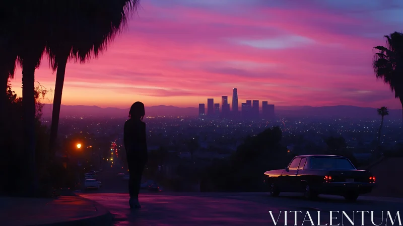 Quiet hillside evening over a neon-tinted city skyline.