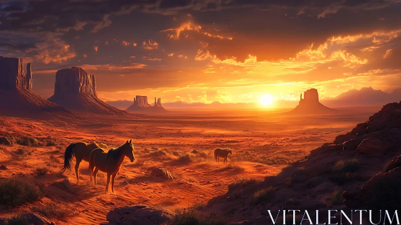 Wild desert horses wandering through a glowing sunset horizon.