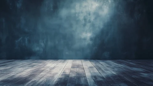 Wooden plank floor with textured blue studio backdrop wall