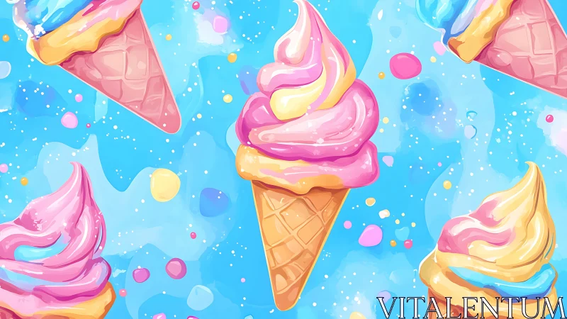 Pastel ice cream cones swirl against bright blue sky