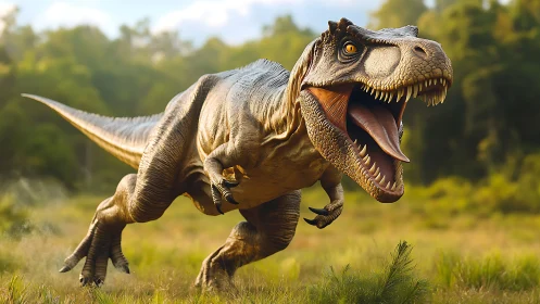 Hyperreal tyrannosaur charge in sunlit Cretaceous forest clearing