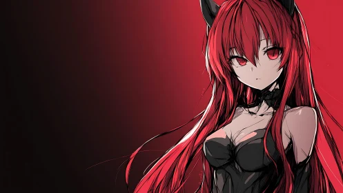 Crimson-haired demon girl in high-contrast anime rendering.