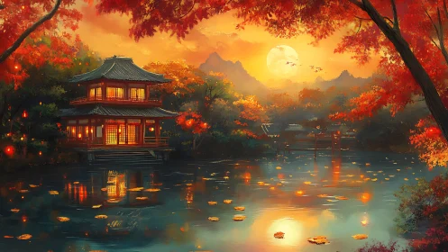 Lakeside pavilion stands under autumn foliage at sunset