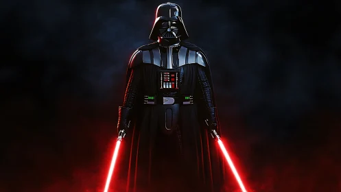 Sith warrior in reflective armor with dual red sabers.