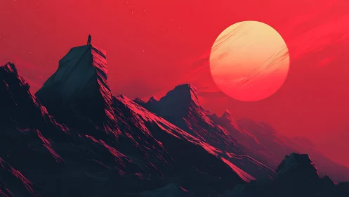 Solitary figure studies alien mountain ridge under crimson sun