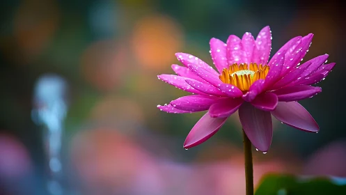 Radiant pink lotus rests in gentle rainlit garden glow