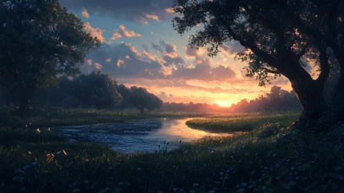 Gentle riverside sunset wrapped in glowing wild meadows.
