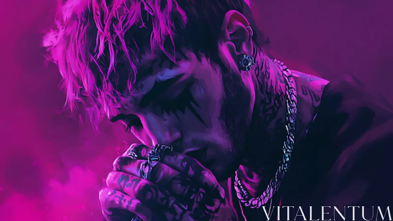 Tattooed man in neon magenta light lowers head in silence