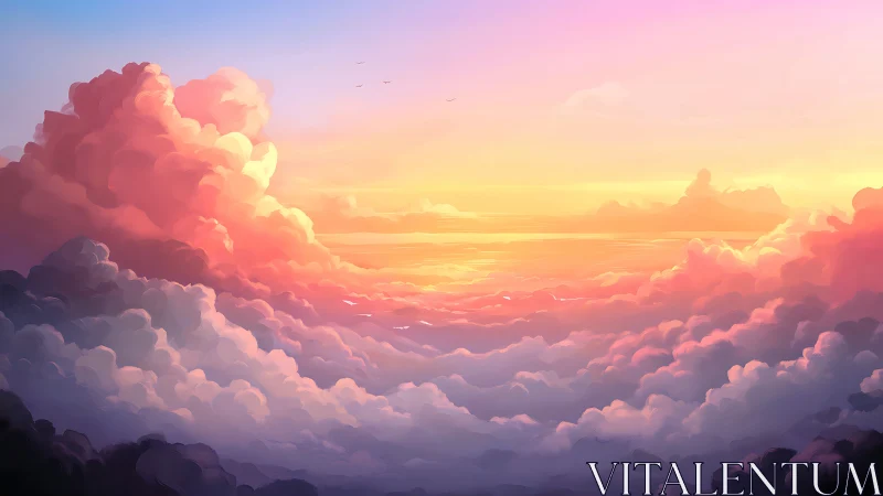 Sunset light floods pastel cloud sea with glowing depth