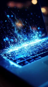 Cybernetic data stream erupting from illuminated laptop keyboard.