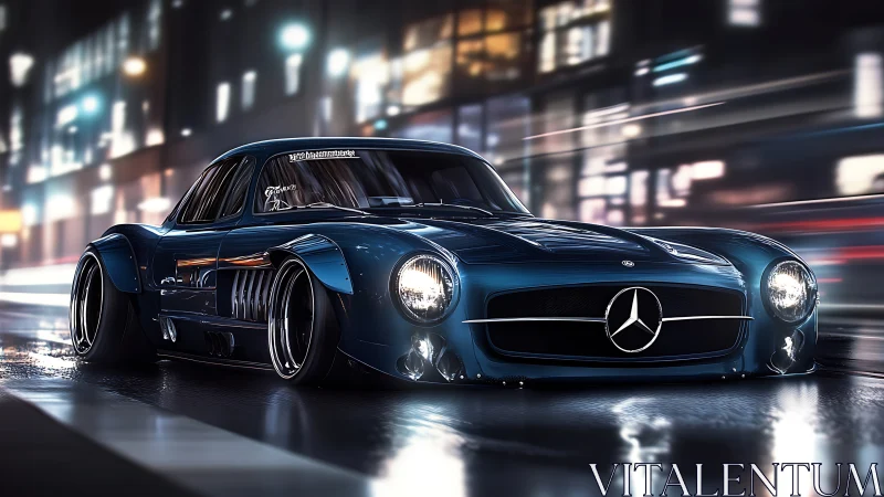 Low-slung classic Mercedes coupe slices through neon city street