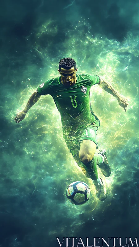 Soccer player in green kit advancing with ball midair.