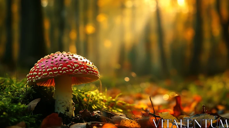 Fly agaric mushroom glows under golden forest sunlight.