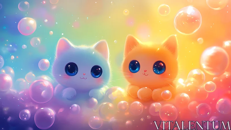 Two stylized anthropomorphic cats with volumetric light rendering and bubble particle effects