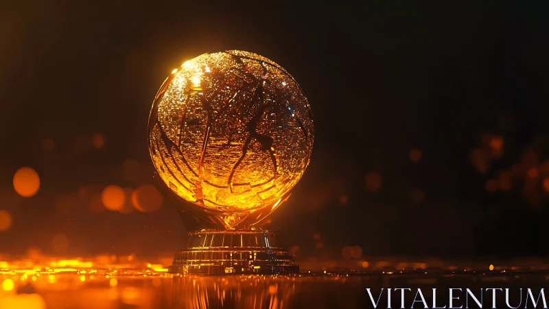 Golden glass sphere trophy on reflective surface at night.