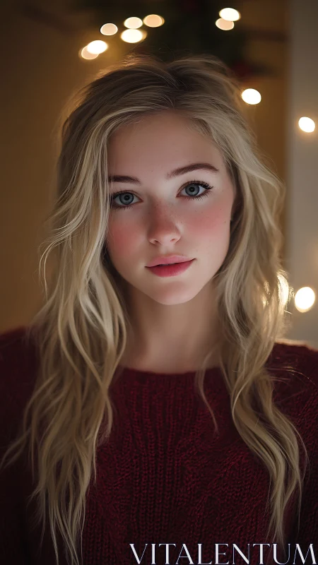Soft portrait of blonde woman in red sweater, warm lights.