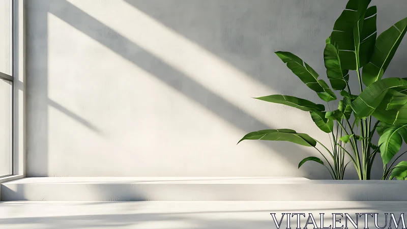 Sunlit tropical leaves stretching across a serene bare wall.