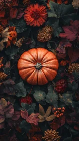 Rich orange pumpkin rests amid moody autumn foliage