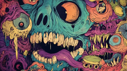 Grotesque neon skull cluster forms chaotic horror tableau