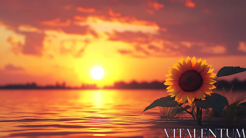 Sunflower shoreline silhouette under saturated lake sunset glow