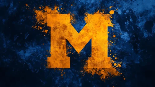 Monolithic letterform M with high contrast pigment splatter field.