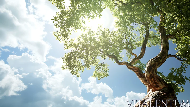 Sunlit tree with twisted trunk against bright blue sky, realistic style.