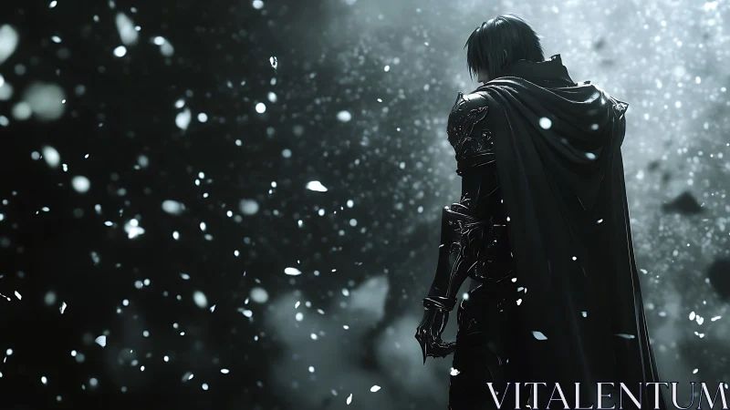 Shadow-clad knight pauses beneath a storm of silver embers.