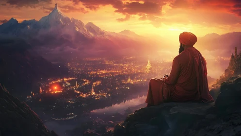 Monk in crimson robes contemplates a glowing valley at sunset.
