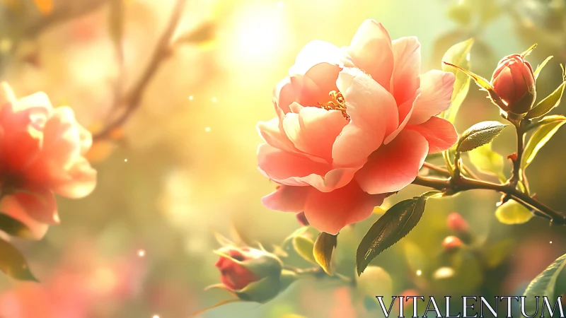 Coral peonies bathed in warm golden sunlight and bokeh