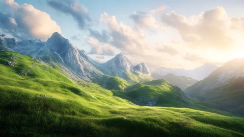 Sunlit valleys drape emerald ribbons between resting peaks