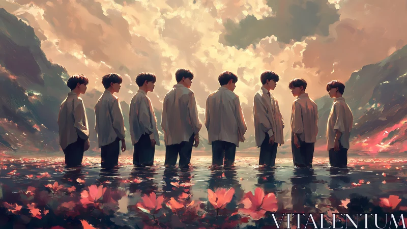 Seven youths stand in reflective water beneath glowing clouds