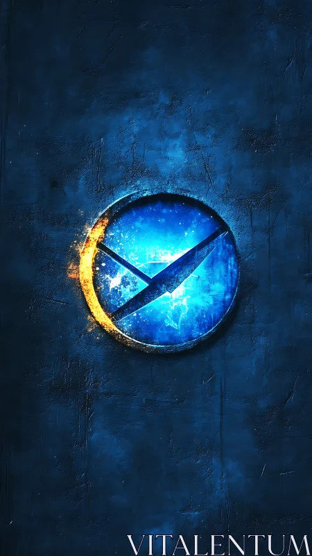 Circular blue emblem with diagonal slash glows on dark wall