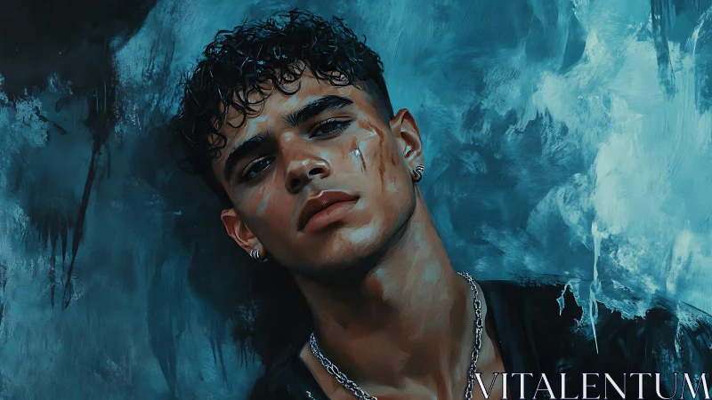 Brooding young man leans against textured blue painted wall