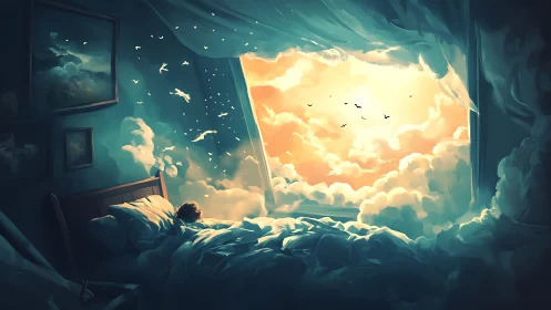 Bedroom interior transitions into luminous cloudscape view