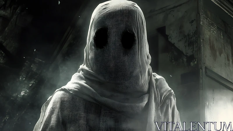 Shrouded ghostly figure waits quietly in a ruined hallway