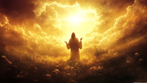 Radiant robed figure under celestial golden sky portal.